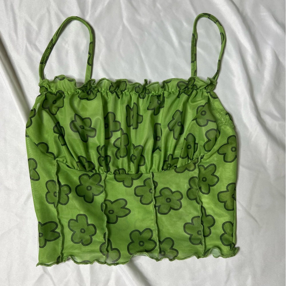 🌸Green Flower Print Mesh Crop Top🌸$1 With Purchase